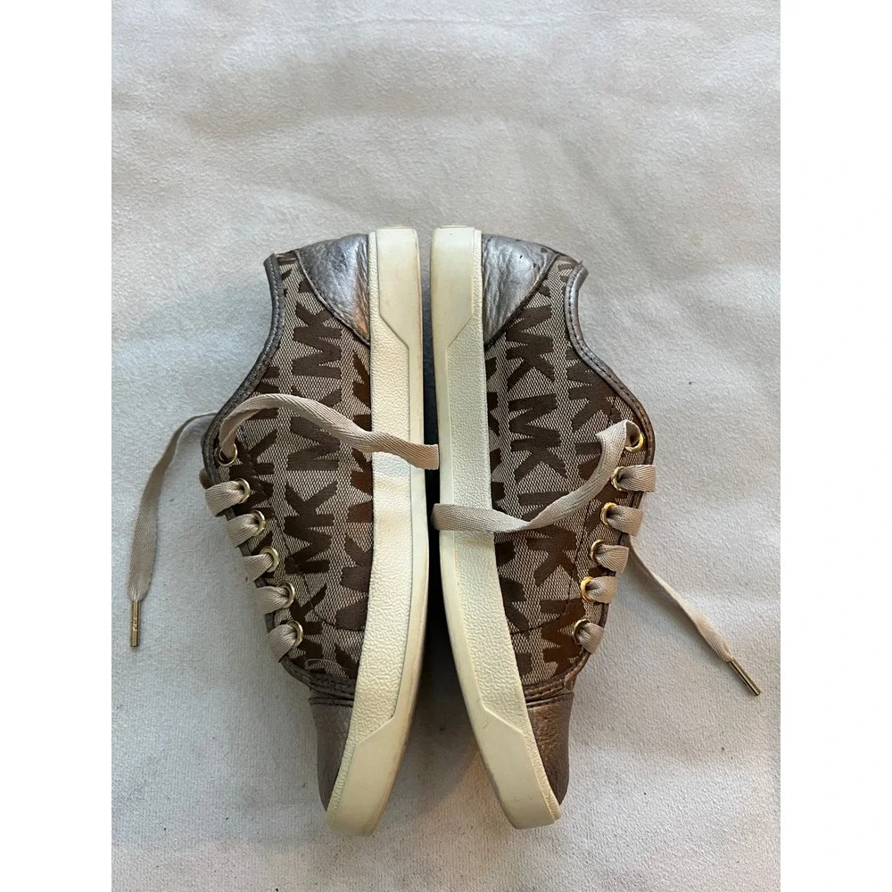 Michael Kors MK Logo Canvas Leather Trim Low Top Sneakers Women's Size 7M Bronze